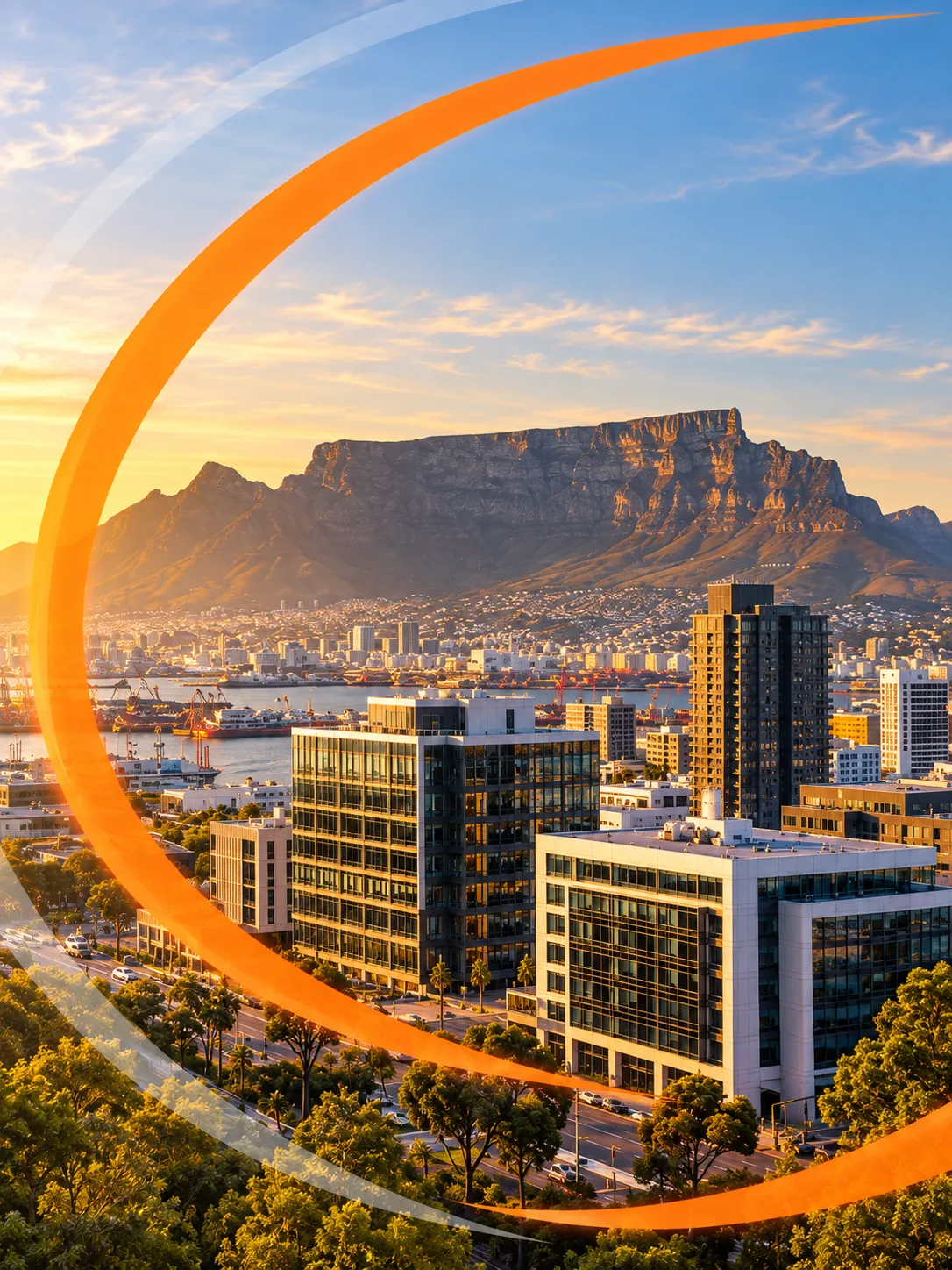 Cape Town business district with Table Mountain at golden hour, framed by an orange arc